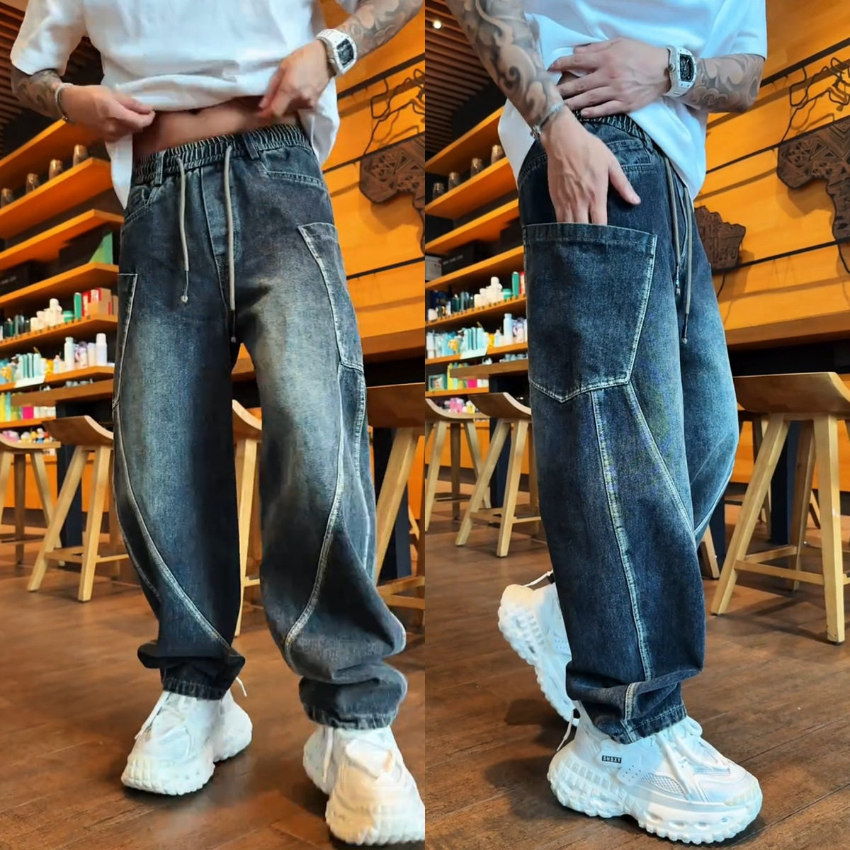 【抢回街头】大兜拼接复古弯刀牛仔裤男士美式高街痞帅设计感休闲