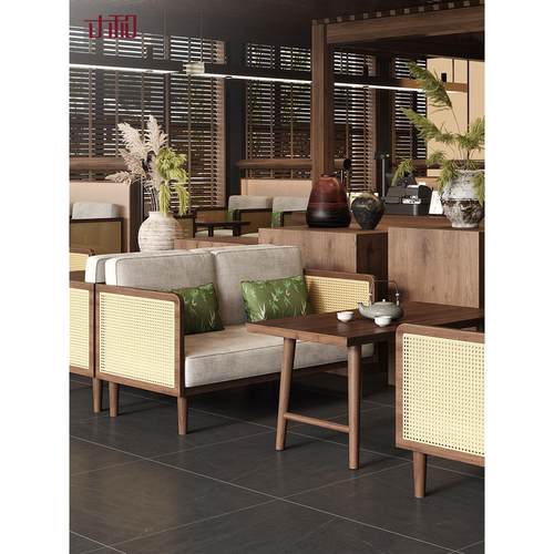 寸、富士沙发、茶几、新中式风格实木茶室、甲板、休闲餐厅、桌椅