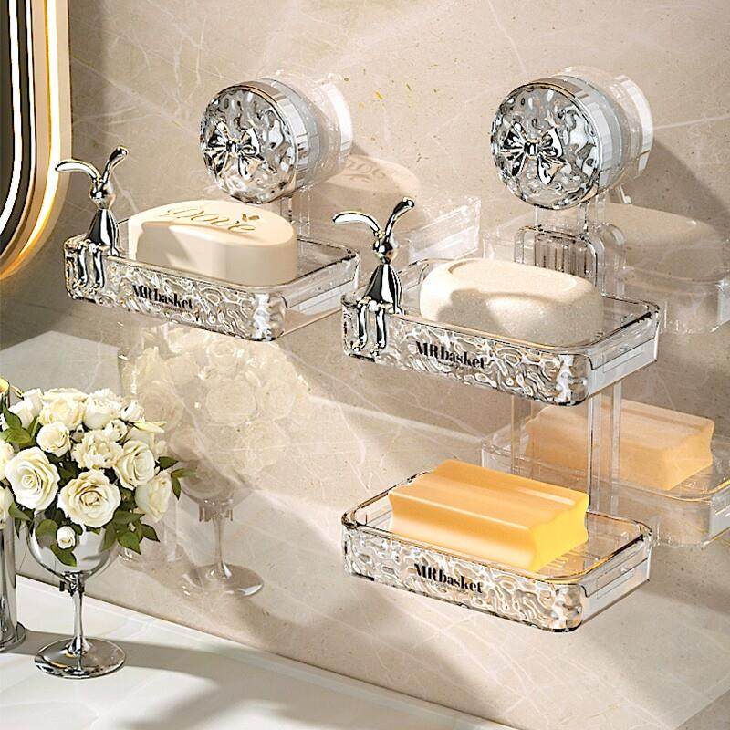 吸盘肥皂盒免打孔壁挂式家用高档洗漱台墙上沥水置物架双层香皂盒