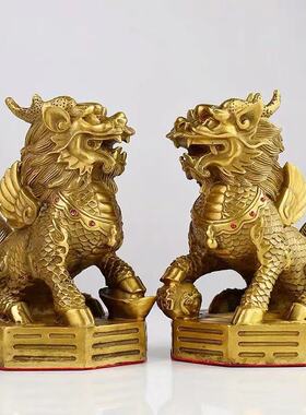 铜麒麟摆件公母一对纯铜脚踩八卦家用财富麒麟办公室店铺开业礼品