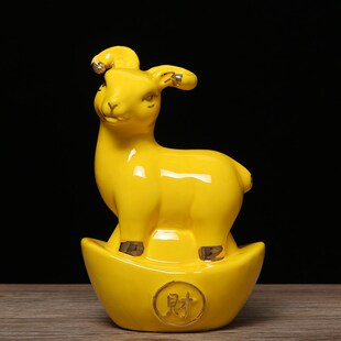黄色陶瓷羊摆件公母一对招财镇宅缺西南补角瓷器山羊吉祥物工艺品