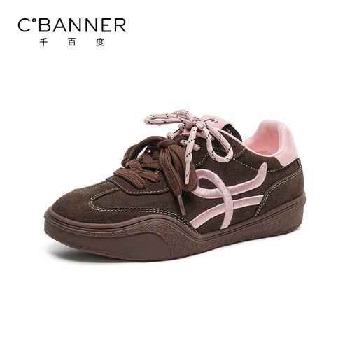 千百度女鞋2025秋季新款德训鞋休闲运动板鞋反绒皮软底透气阿甘鞋