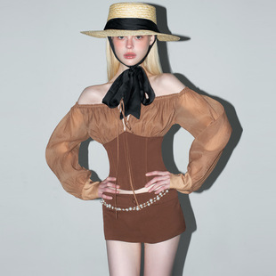 法式复古一字领网纱长袖上衣女秋新款性感显瘦低腰包臀半身裙套装