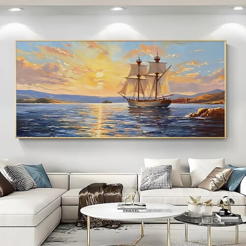 大芬村纯手绘油画一帆风顺客厅沙发背景装饰画海景帆船肌理挂画