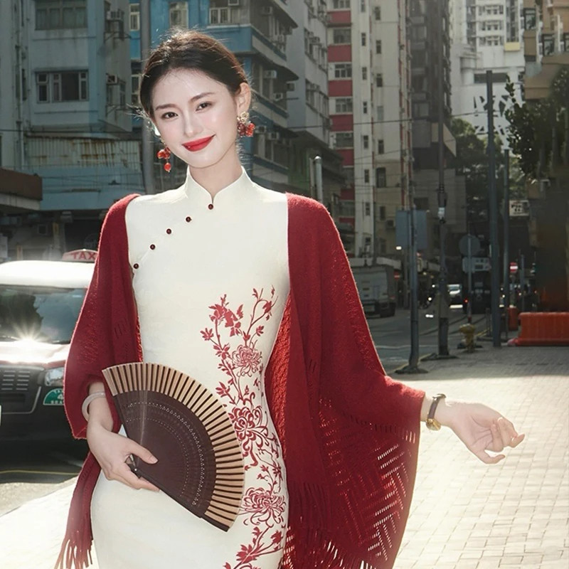 复古红色旗袍流苏披肩结婚订婚