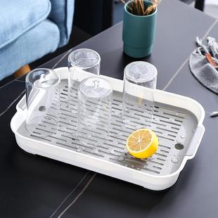北欧双层沥水托盘创意家用客厅茶几长方形杯子收纳塑料茶盘水果盘