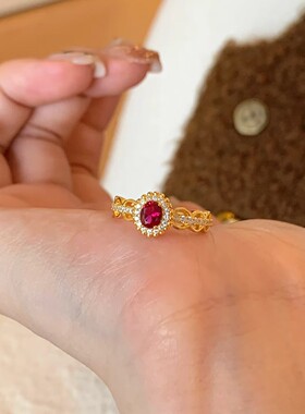 红色镶钻戒指女ins风小众设计简