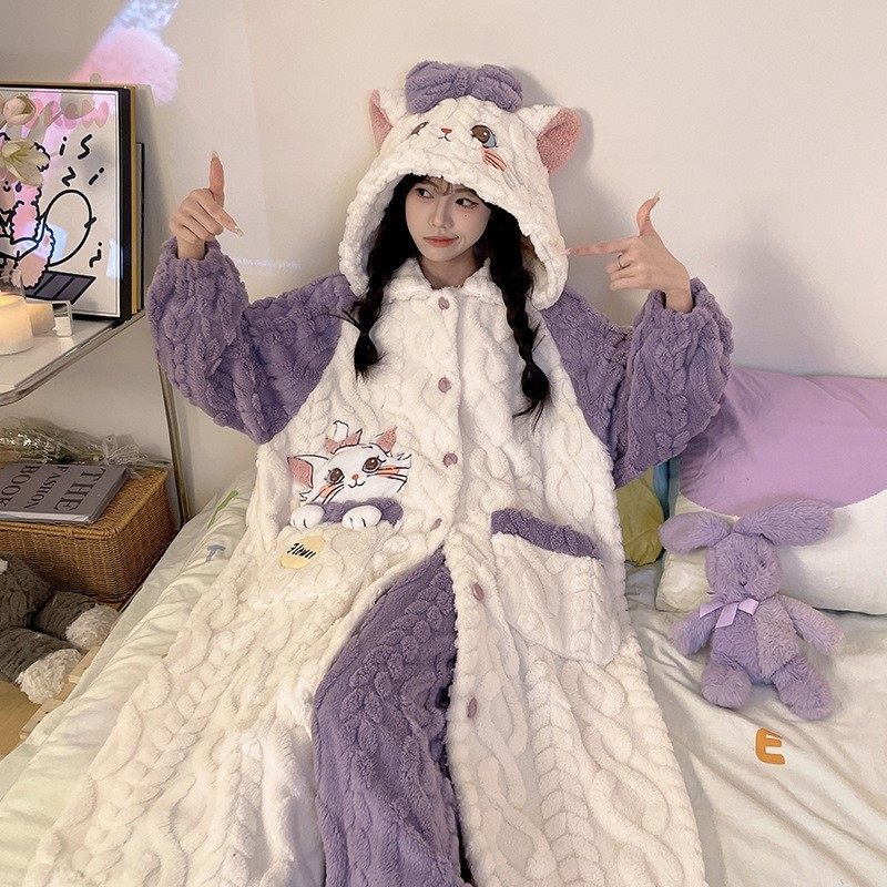 冬季珊瑚绒女士睡衣加绒加厚长款连帽睡袍法兰绒可外穿家居服套装,女士内衣/男士内衣/家居服,睡袍/浴袍,淘宝优惠券,粉丝福利购,淘宝优惠卷