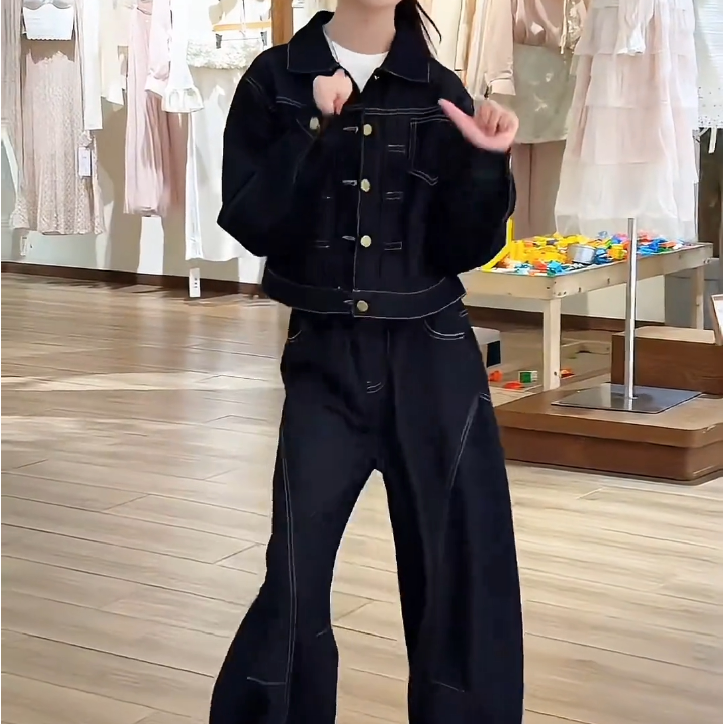 跨境黑金色明线质感翻领休闲牛仔套装女2026年早秋新款通勤百搭依