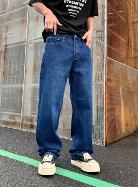 新款潮牌宽松直筒蓝色水洗牛仔裤男痞帅做旧美式高街阔腿高级感