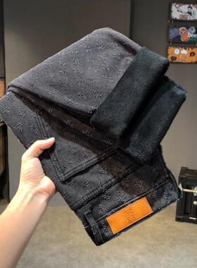 新款国潮宽松阔腿纯黑色水洗加绒牛仔裤男设计感提花小众复古