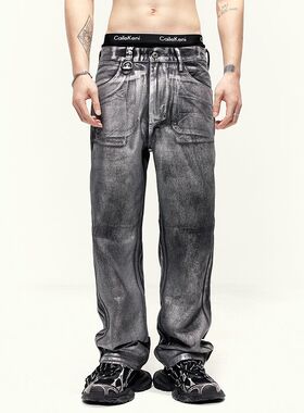 嘻哈风做旧牛仔裤高街个性美式阔痞帅烫金2025新款vibe款长裤小众