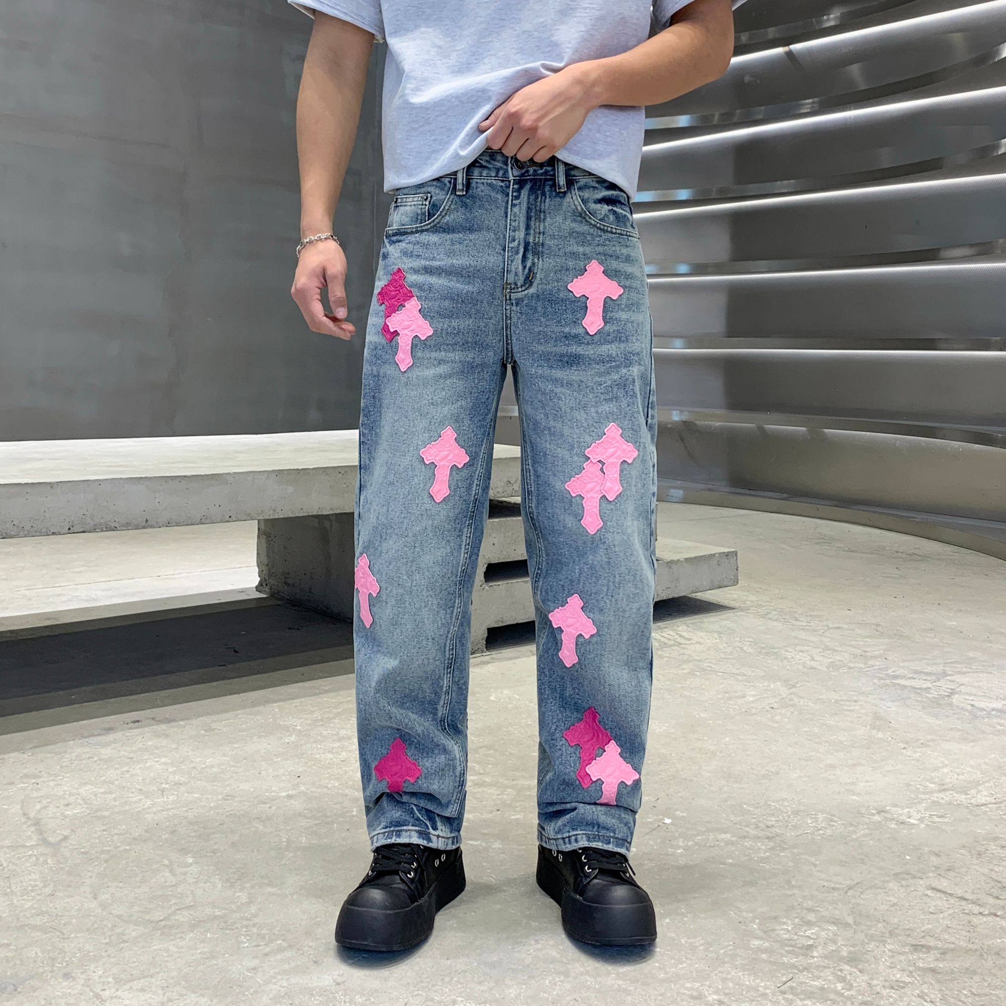 潮牌美式高街风十字架贴皮牛仔裤男宽松直筒潮牌街头风阔腿长裤,男装,牛仔裤,淘宝优惠券,粉丝福利购,淘宝优惠卷