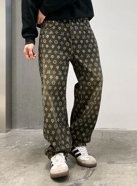巴黎风潮牌美式复古提花牛仔裤男痞帅炸街裤子高街vibe直筒微喇叭