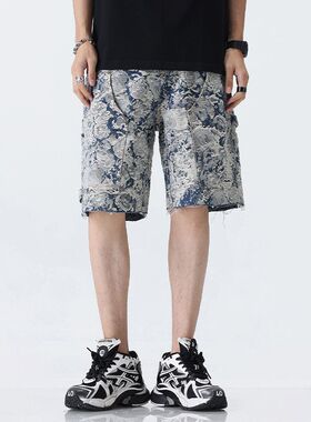 巴黎风潮牌美式复古高街提花牛仔短裤男宽松直筒五分裤中裤子