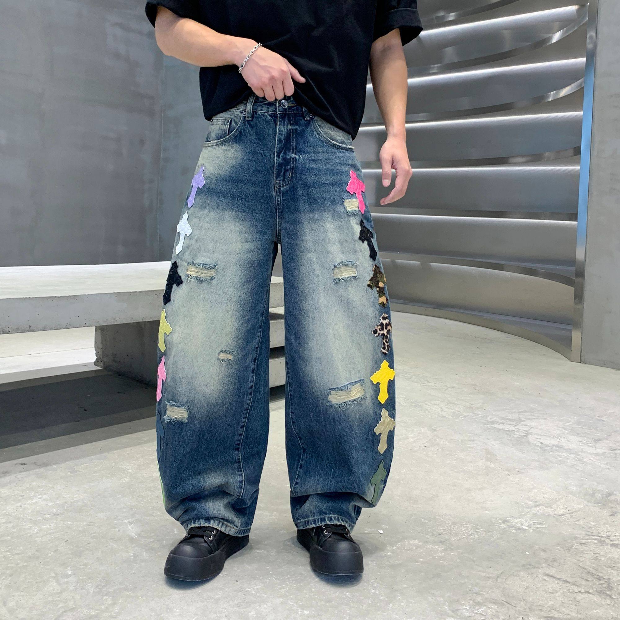 巴黎潮牌美式街头风十字架贴皮假破洞牛仔裤男宽松阔腿弯刀裤潮流,男装,牛仔裤,淘宝优惠券,粉丝福利购,淘宝优惠卷