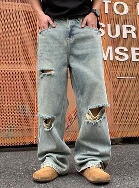 巴黎风vibe美式高街长裤痞帅宽松水洗做旧破洞牛仔裤乞丐男
