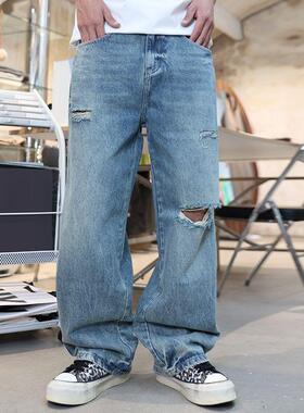 牛仔裤猫须水洗巴黎破洞男款轻奢浅蓝色阔腿休闲长裤子