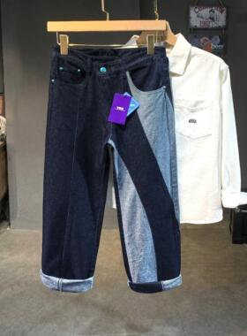 网红解构复古休闲水洗垂感高街外翻口袋微喇新款深蓝色男士裤子