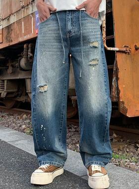 巴黎风同款美式高街泼墨洗水牛仔裤破洞休闲宽松痞帅长裤