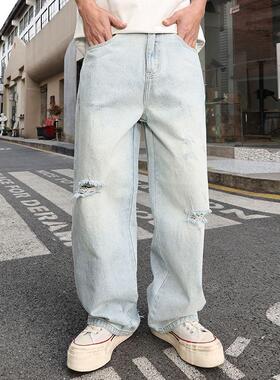 巴黎风潮牌破洞浅色牛仔裤时尚潮流高街vibe2025春季