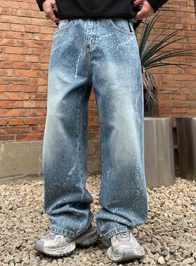 新款浅色喷漆牛仔裤男夏宽松直筒阔腿裤美式高街潮牌痞帅高端水洗