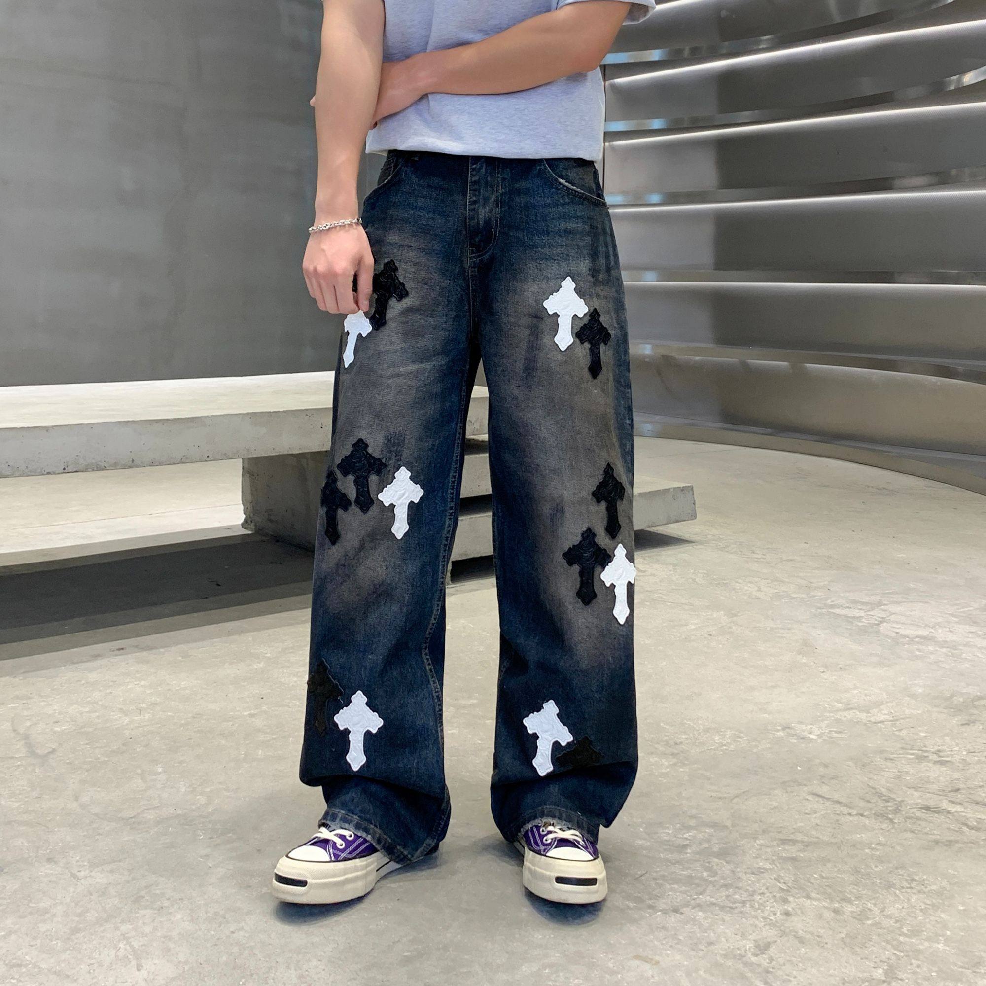 美式高街CH复古水洗做旧十字架贴皮阔腿牛仔裤男宽松直筒长裤潮牌,男装,牛仔裤,淘宝优惠券,粉丝福利购,淘宝优惠卷