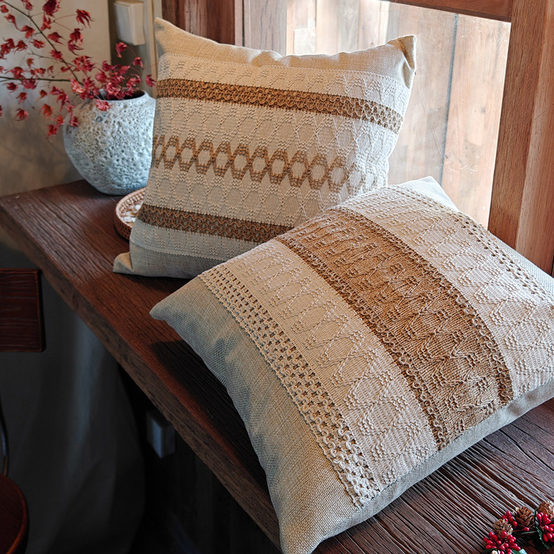 侘寂中古米色棉麻风高级样板房沙发抱枕复古客厅轻奢风靠垫方枕套