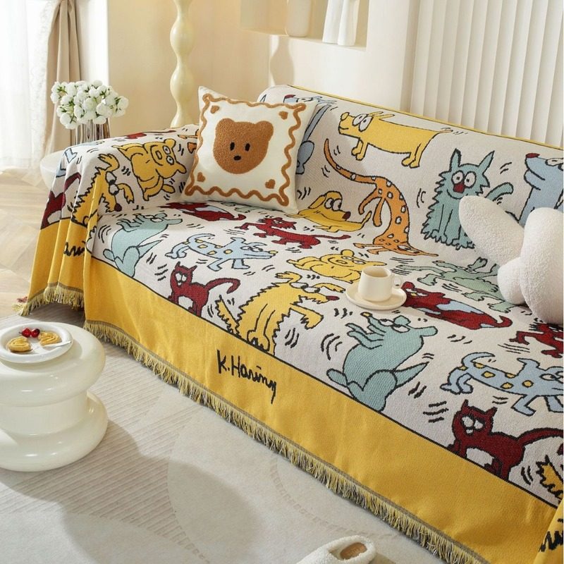 美式黄色涂鸦双面卡通单人防滑防尘沙发沙发巾毯全盖套罩四季通用,居家布艺,沙发垫,淘宝优惠券,粉丝福利购,淘宝优惠卷