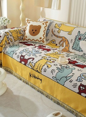 美式黄色涂鸦双面卡通单人防滑防尘沙发沙发巾毯全盖套罩四季通用
