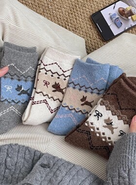 费尔岛复古小狗袜子女秋冬加厚保暖蝴蝶结卡通日系可爱中筒袜