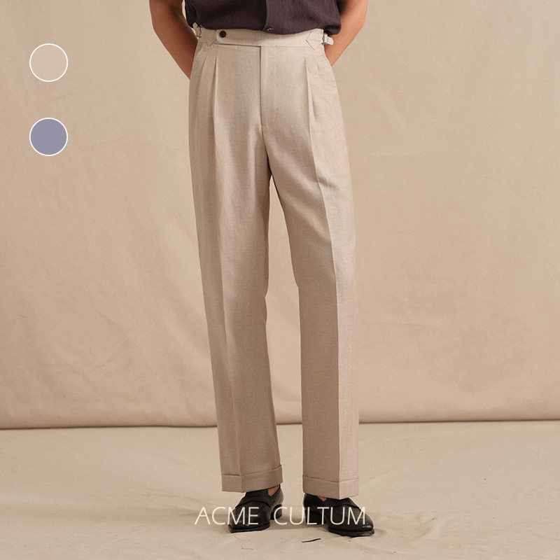 毛麻双色意式单褶直筒休闲西裤