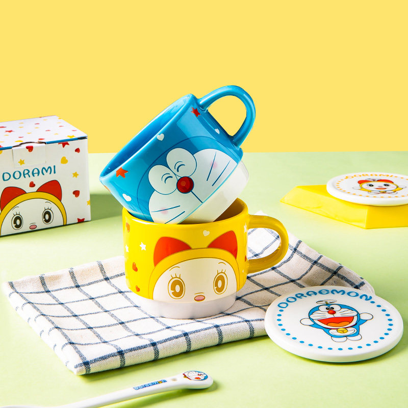 哆啦a梦叠叠杯水杯马克杯陶瓷杯子卡通蓝胖子茶杯家用陶瓷咖啡杯