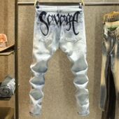 印花小脚长裤 春秋季 子男 青年弹力修身 个性 男士 潮流高街泼墨牛仔裤