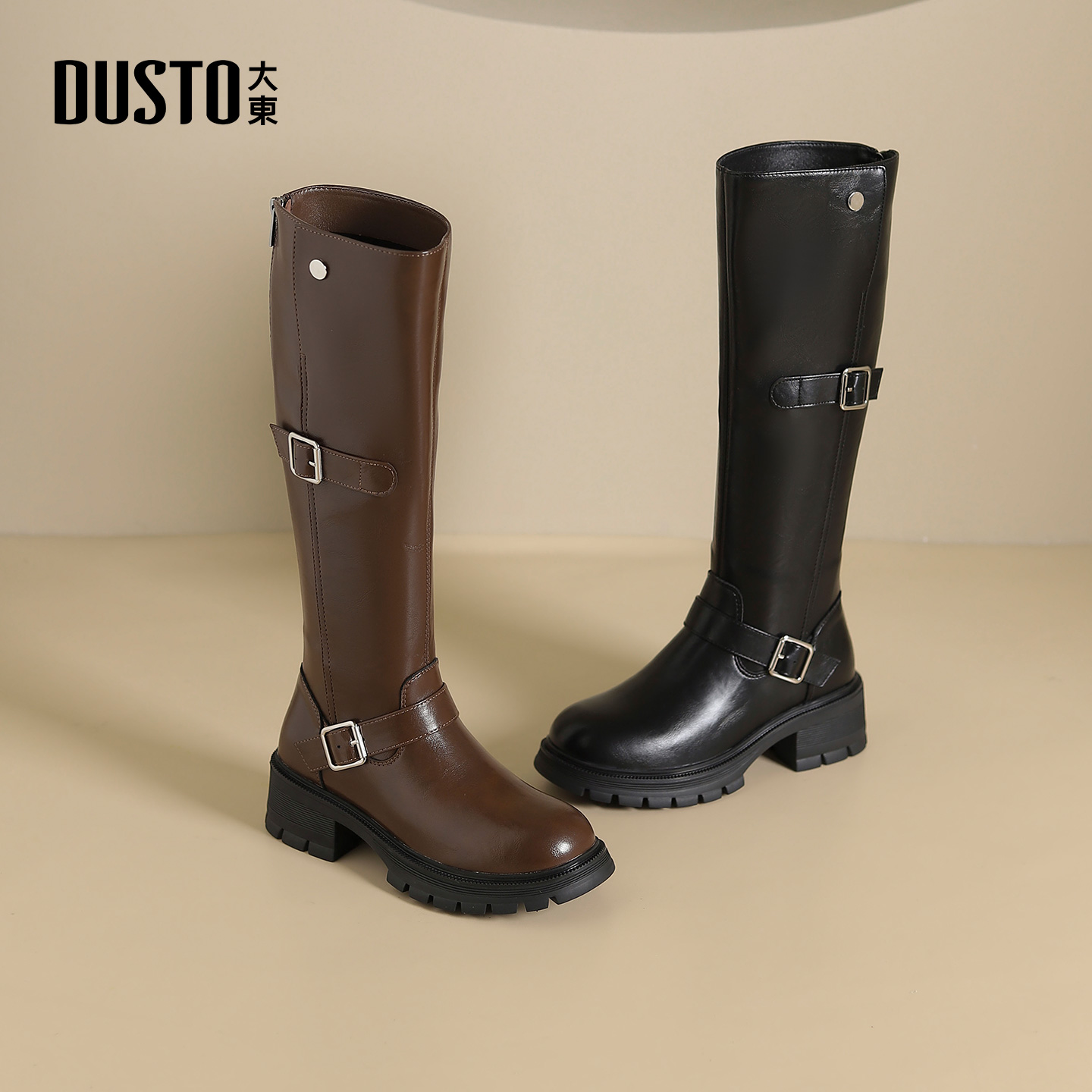 骑士靴休闲优雅粗跟高跟后拉链