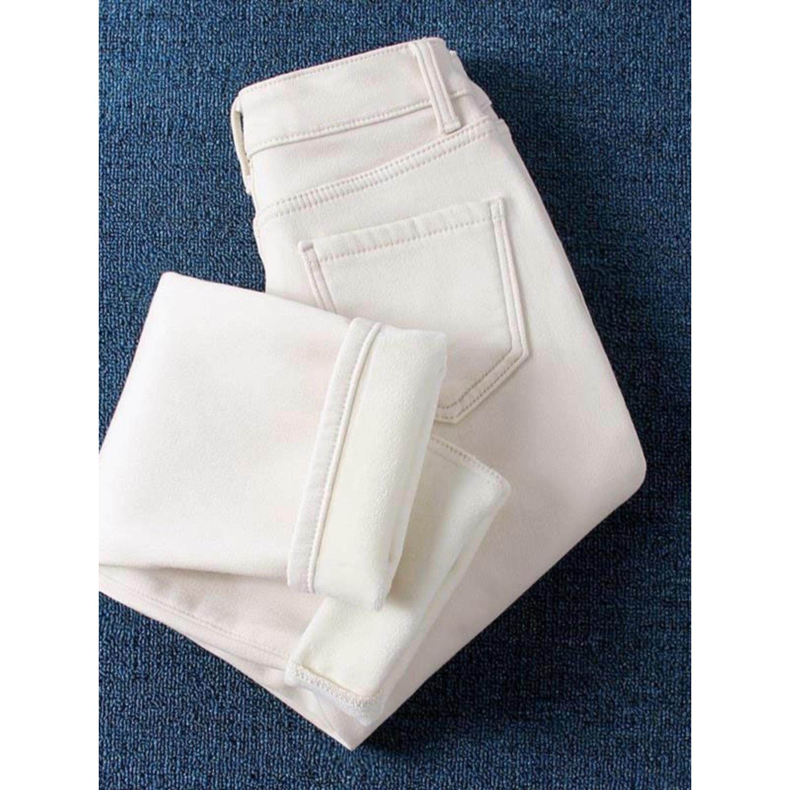 白色女士牛仔裤2025秋冬羊毛衬里小腿裤高腰休闲韩式修身裤爸爸裤