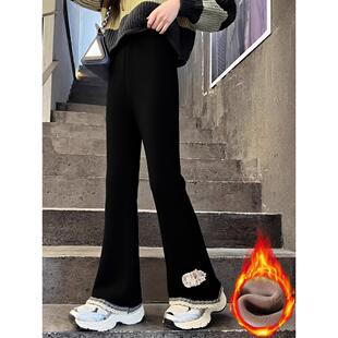 女童加绒裤子2025新款冬季超好看的薄绒修身儿童黑色打底微喇叭裤