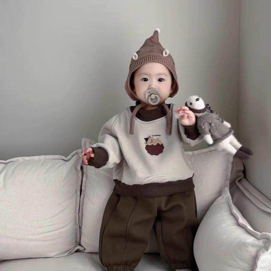 婴儿加绒卫衣套装秋冬款韩版小熊宝宝保暖可爱周岁上衣裤子两件套
