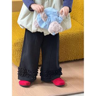 女童纯色木耳花边直筒裤冬季新品韩系女宝宝百搭加绒阔腿裤长裤子