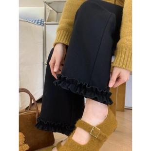 黑色木耳边休闲裤女冬季加绒胖mm梨形报恩裤高腰宽松显瘦梧桐裤子