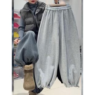 加绒休闲裤女宽松灯笼裤冬季遮胯阔腿裤梨型身材松紧腰显瘦束脚裤