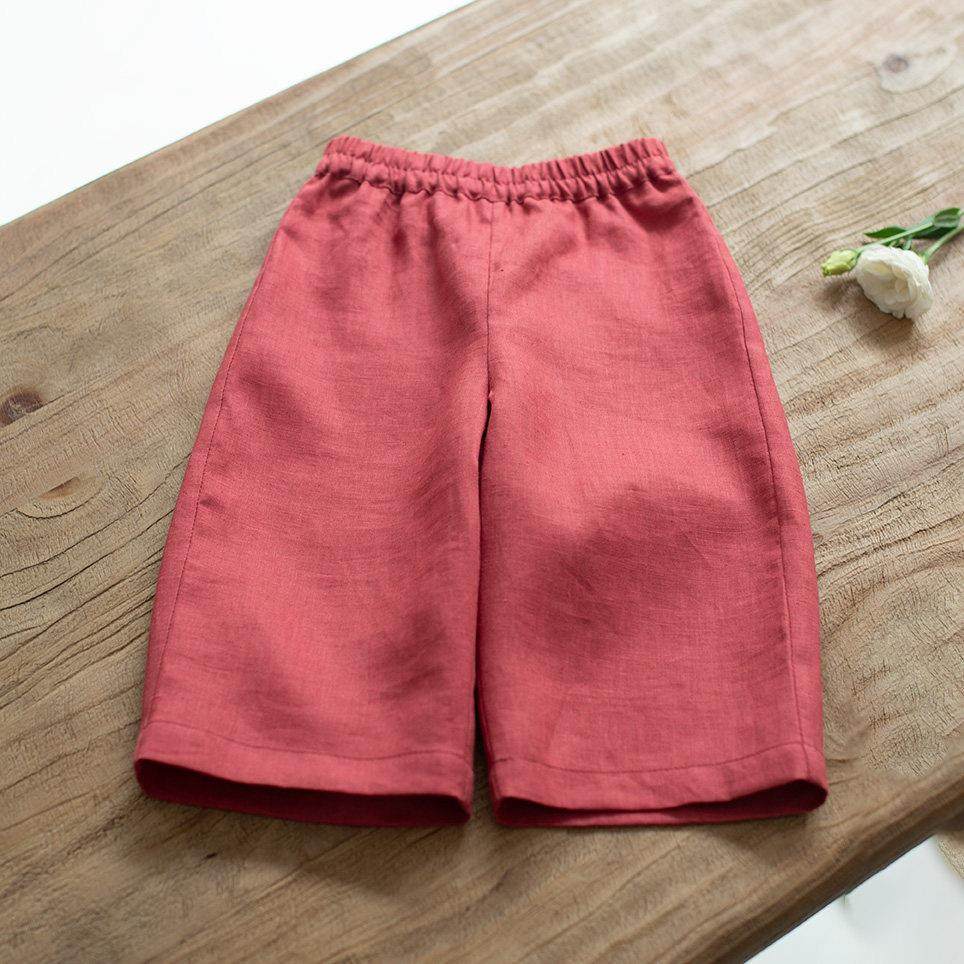 女童裤子春夏超好看纯亚麻裤儿童夏天裤子女孩红色阔腿女宝防蚊裤