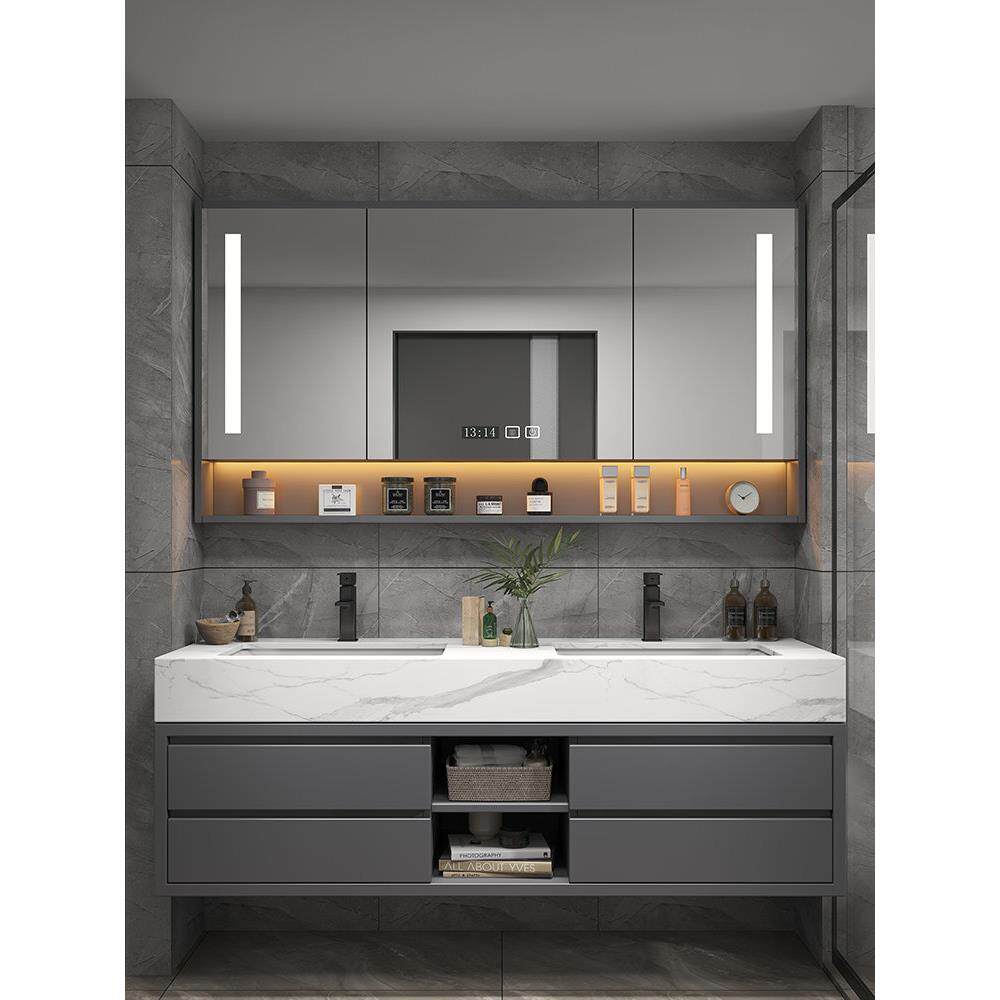 现代简约卫生间岩板双盆智能实木浴室柜组合洗漱台洗手洗脸盆镜柜