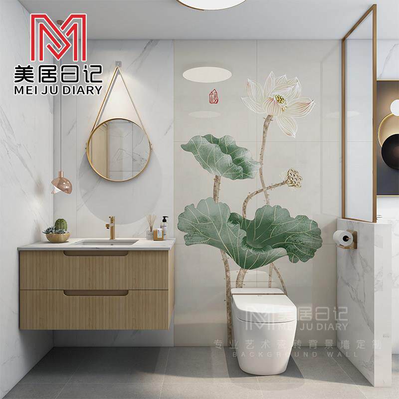 新中式化妆室马桶浴室古典手绘荷花壁画 画艺术瓷砖画 画背景墙壁