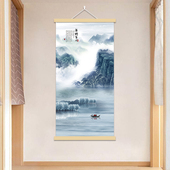 海纳百川水墨山水情挂画背有靠山国风玄关书房客厅迎客布艺装 饰画