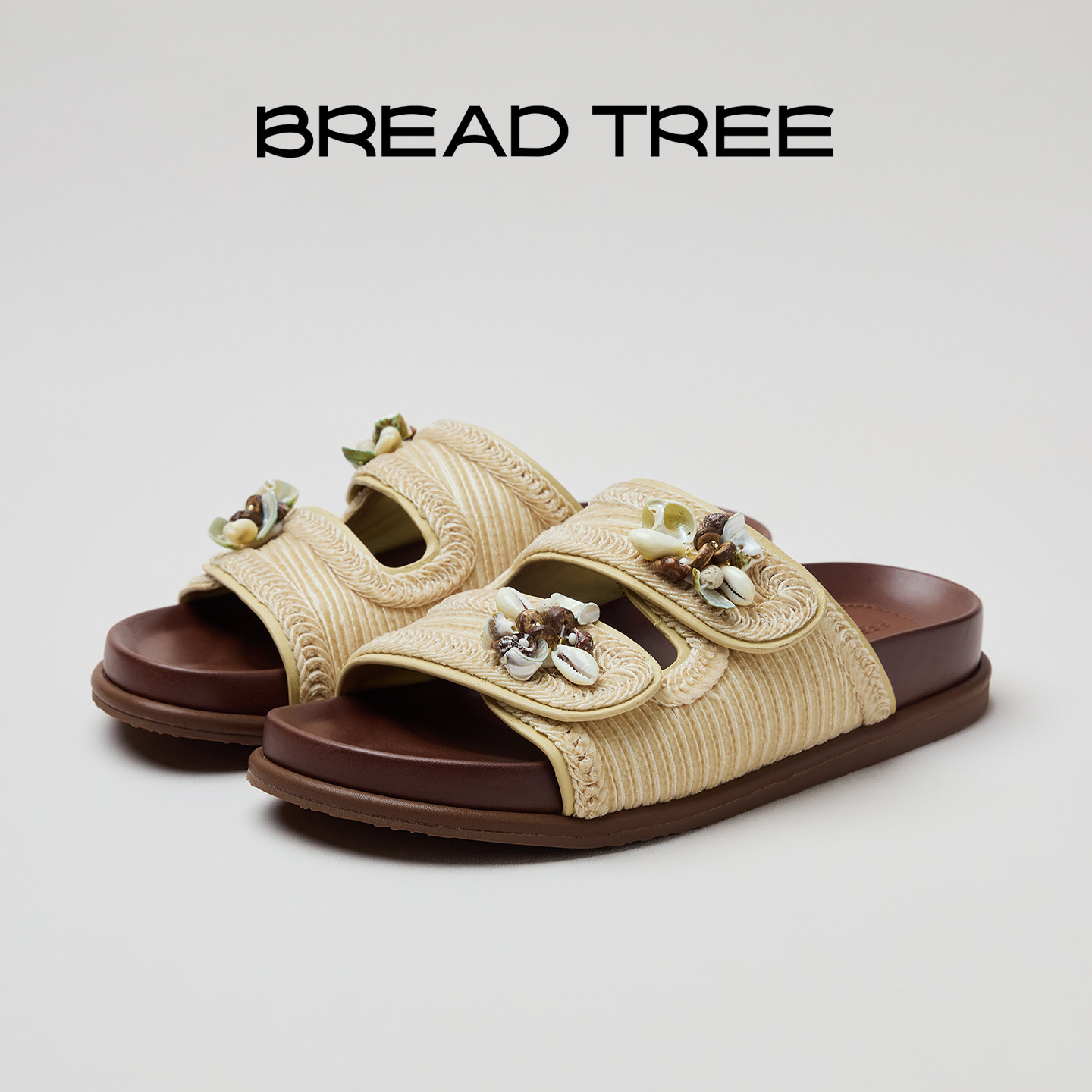 BREADTREE面包树  26年新款丝绒编织贝壳装饰休闲拖鞋外穿一字拖