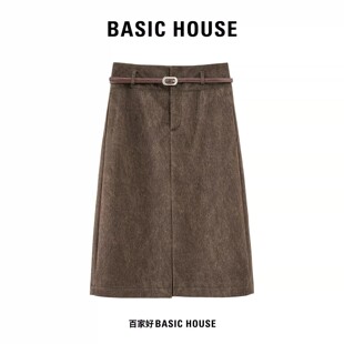 Basic House/百家好通勤高腰开叉半身中长A字裙遮胯显瘦秋季半裙