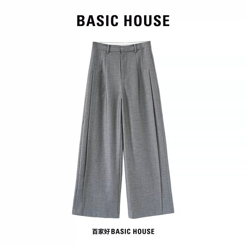 Basic House/百家好职场通勤阔腿裤女立体压褶大口袋设计高腰长裤