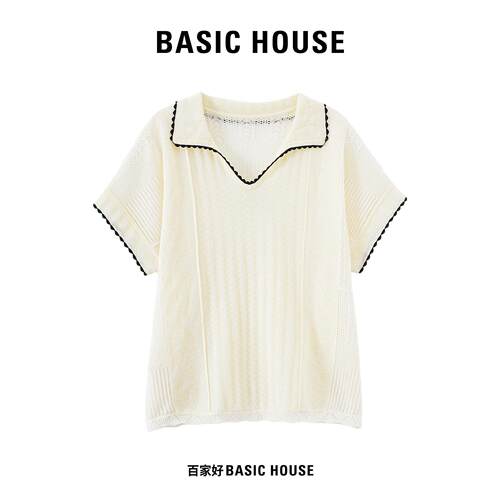 Basic House/百家好法式撞色翻领针织短袖女夏季薄款镂空宽松上衣