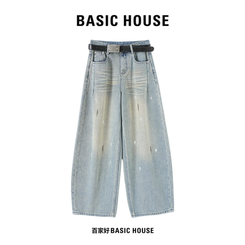 Basic House/百家好美式复古水洗蓝弯刀阔腿泼墨牛仔裤猫须纹长裤